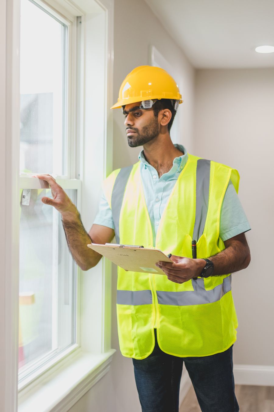 Inspector in a safety vest and hard hat reviewing documentation on a clipboard